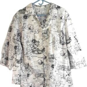 Kim Rogers Women Sz 22W Black White Art to Wear Globe Print Button up Fun Blouse
